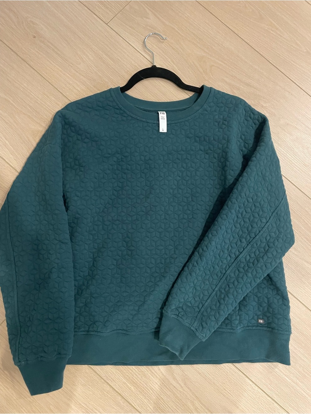 Quilted Crewneck Long-Sleeve Top in Teal